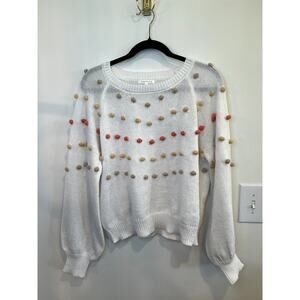 BaeVely Pom Pom Knit Sweater Cream Balloon Sleeve Cozy Cottagecore Large